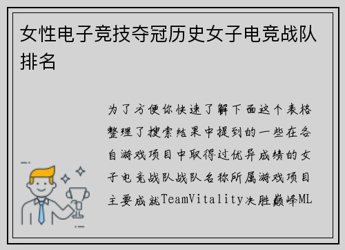 女性电子竞技夺冠历史女子电竞战队排名